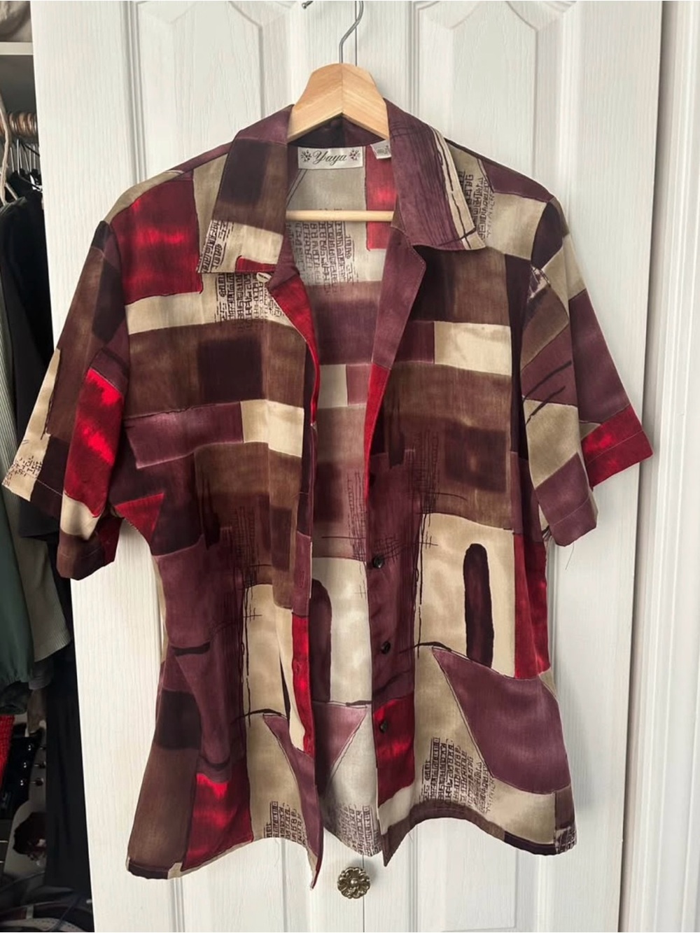 Vintage Abstract Block Print Button-Up Silk Shirt